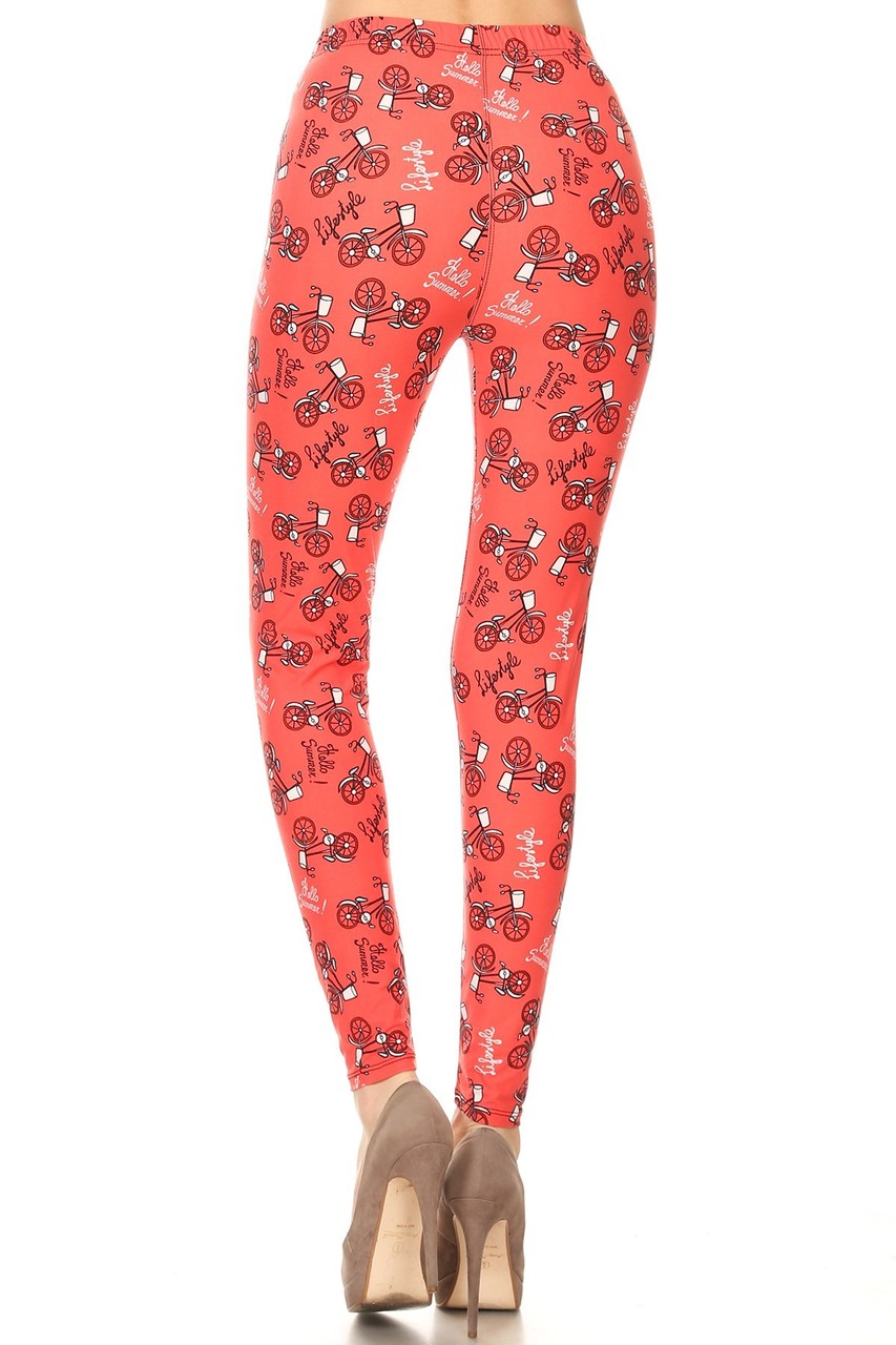 Buttery Red Summertime Bicycles Plus Size Leggings - 3X-5X (One Size Plus,Red)