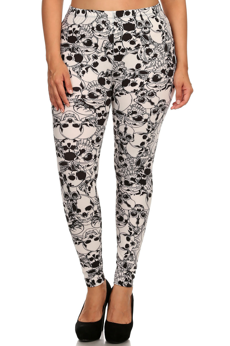 Buttery Soft White Layers of Skulls Extra Plus Size Leggings - 3X-5X (One Size Plus,White)
