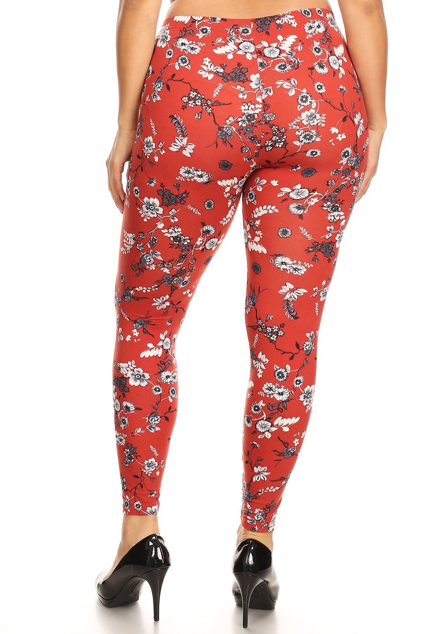 Brushed Ruby Red Spring Floral Plus Size Leggings