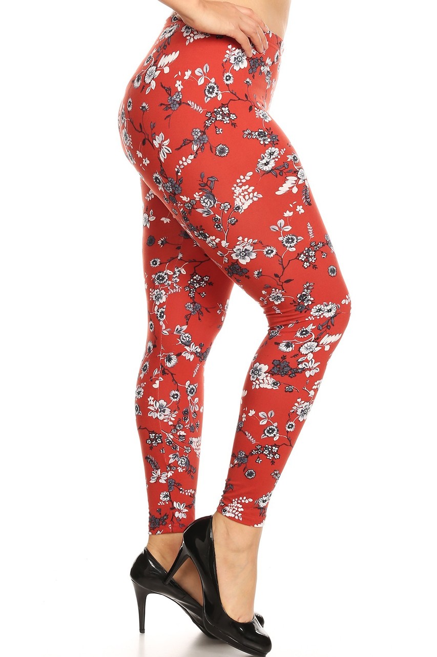 Brushed Ruby Red Spring Floral Plus Size Leggings