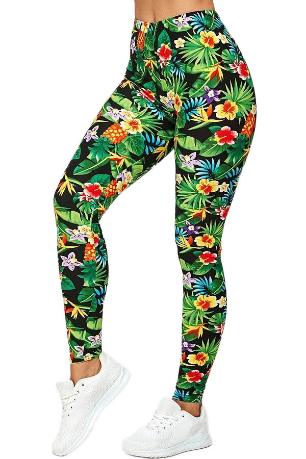 Buttery Soft Tropicana Floral Extra Plus Size Leggings - 3X-5X (XPlus One Size,Green)