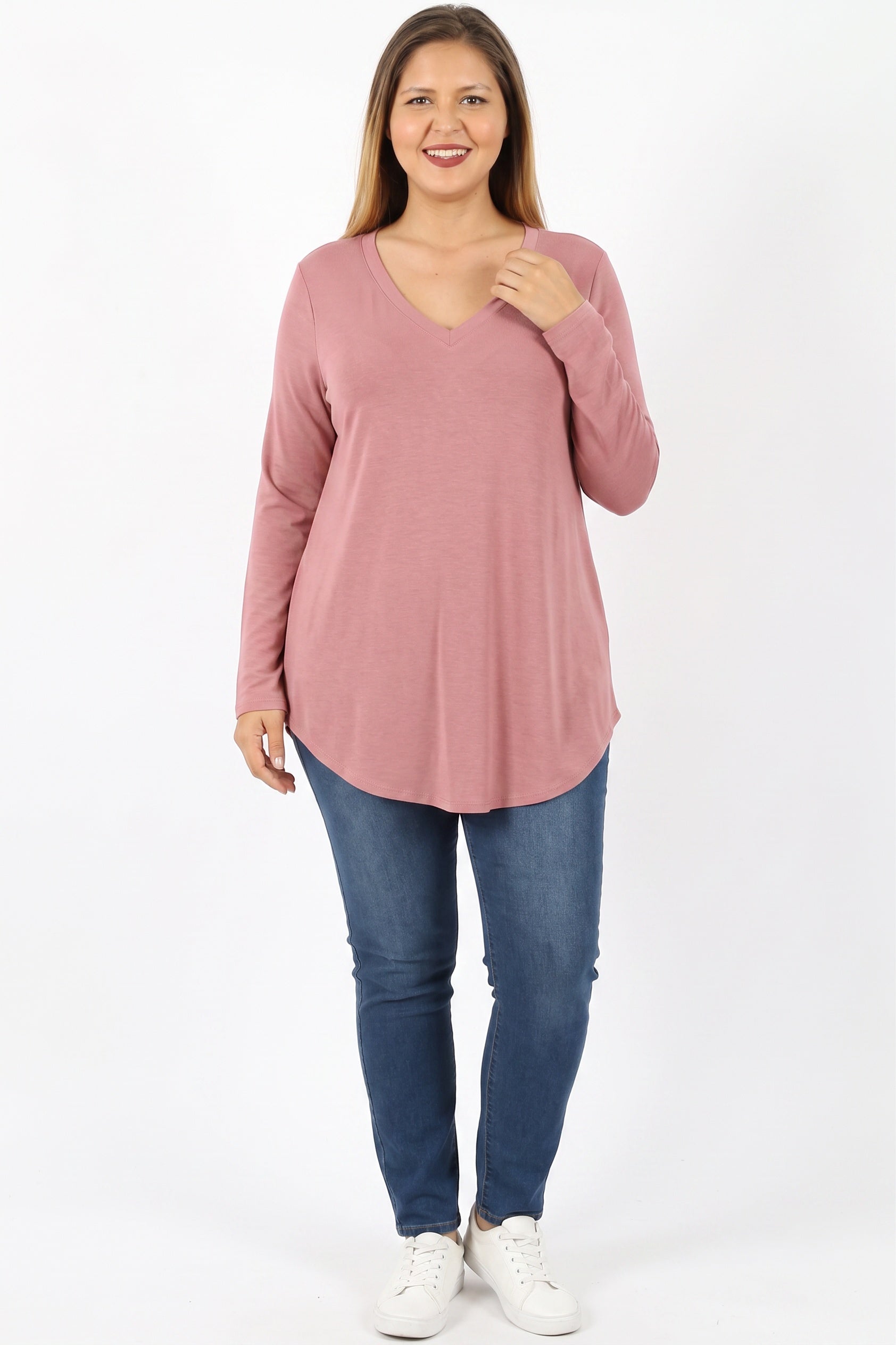 Premium V|Neck Round Hem Long Sleeve Plus Size Top