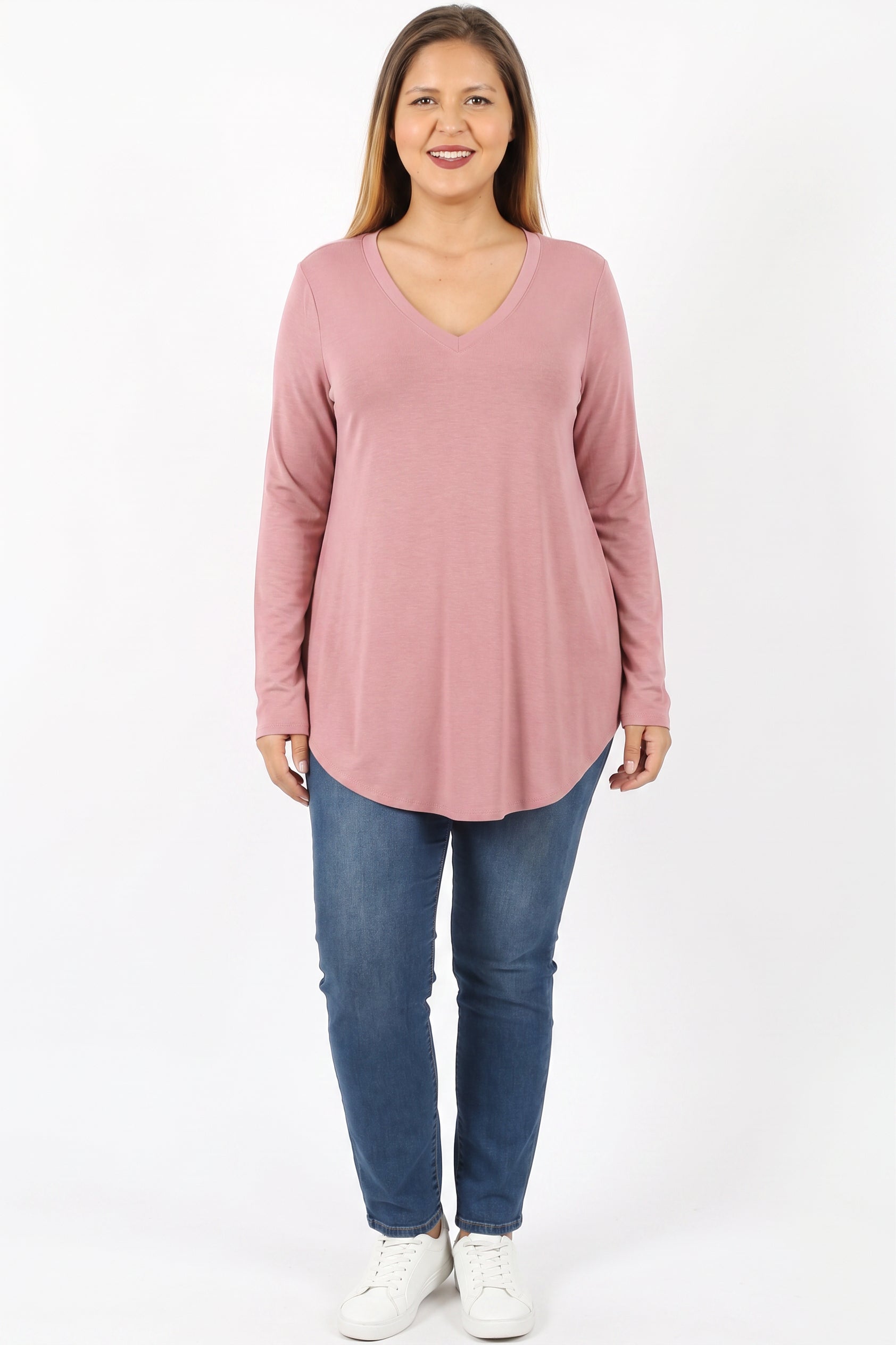Premium V|Neck Round Hem Long Sleeve Plus Size Top