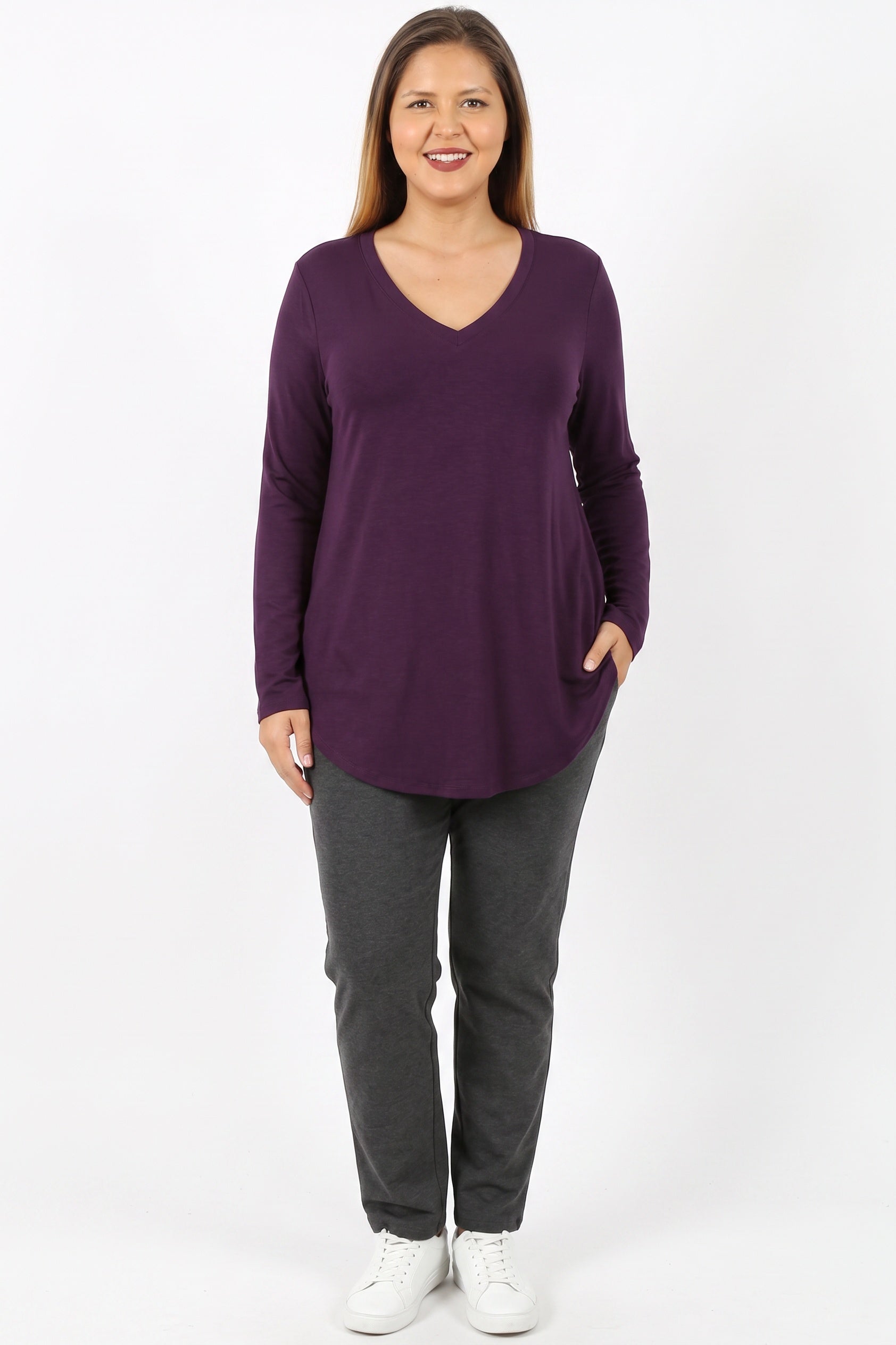 Premium V|Neck Round Hem Long Sleeve Plus Size Top