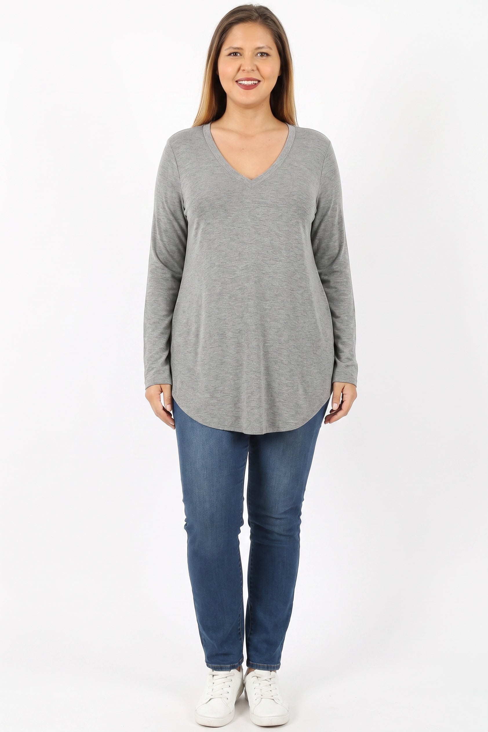 Premium V|Neck Round Hem Long Sleeve Plus Size Top