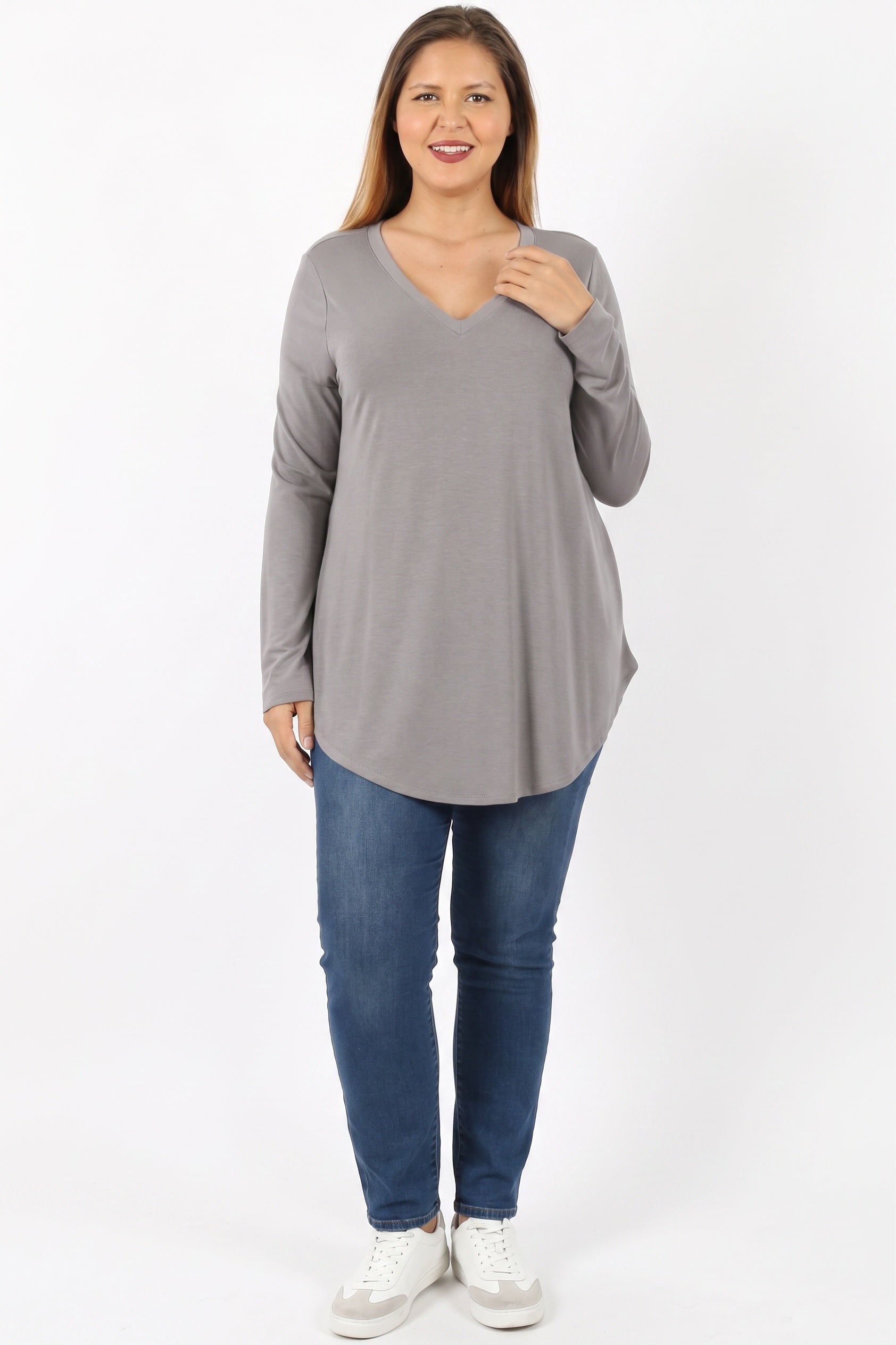 Premium V|Neck Round Hem Long Sleeve Plus Size Top