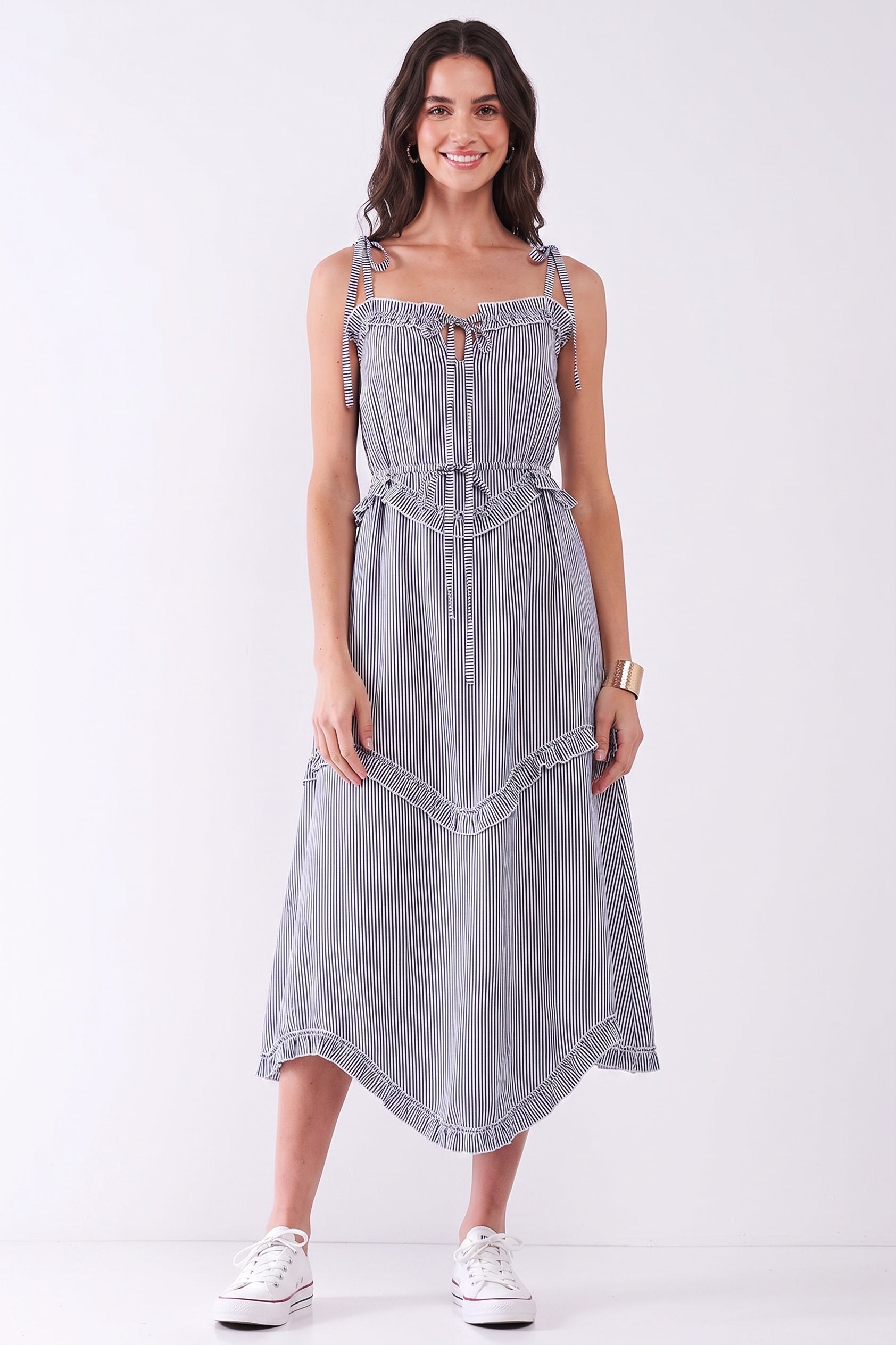 Ruffle Accent Striped Tie String Wavy Hem Rayon Midi Dress