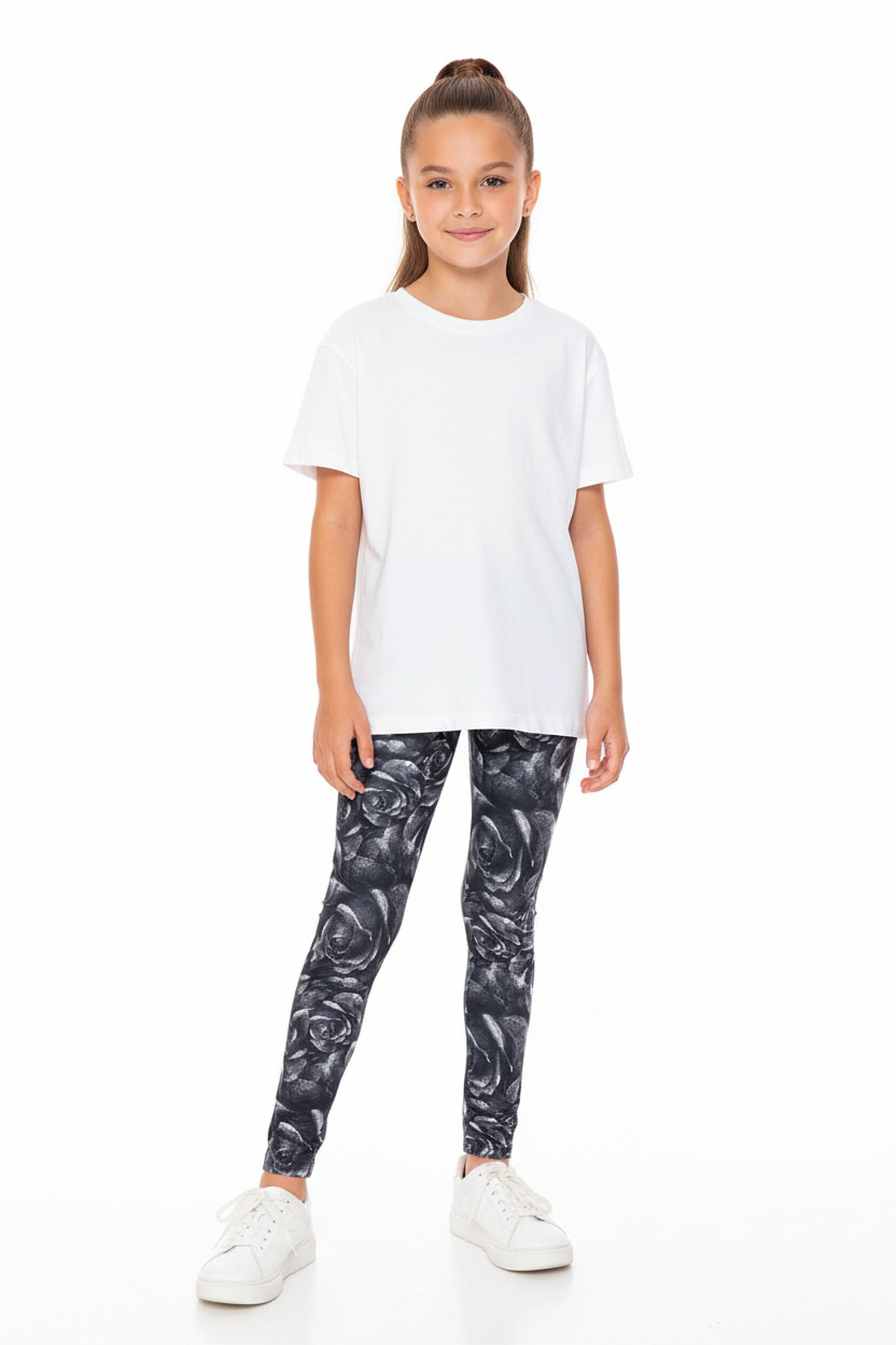Creamy Soft Monochrome Rose Floral Kids Leggings - USA Fashion™
