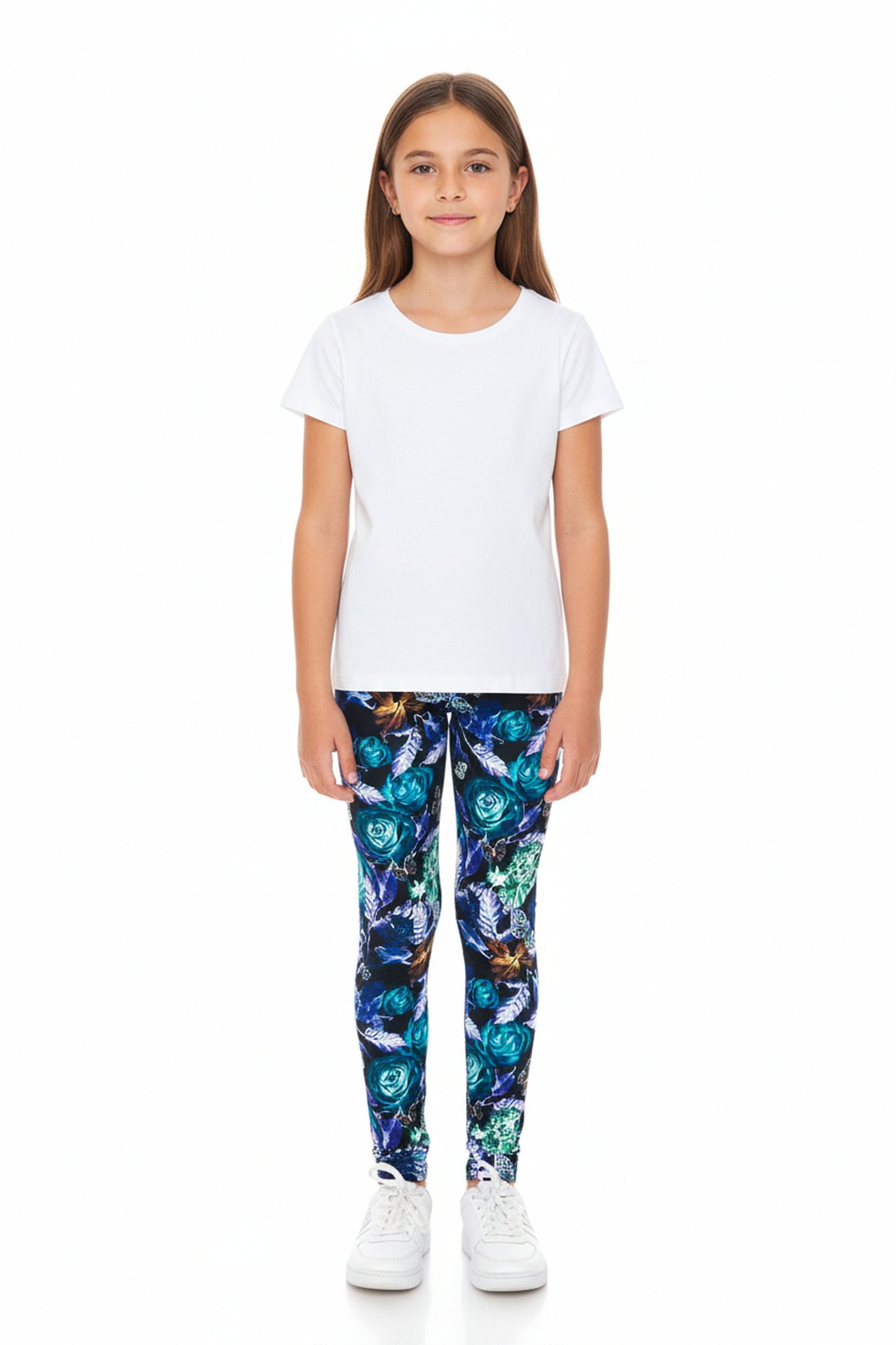Creamy Soft Electric Blue Floral Butterfly Kids Leggings | USA Fashion™