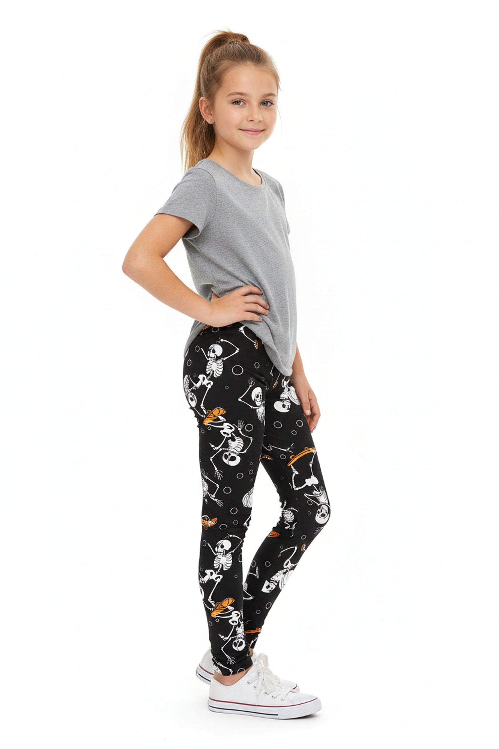 Brushed Skateboarding Skeletons Halloween Kids Leggings