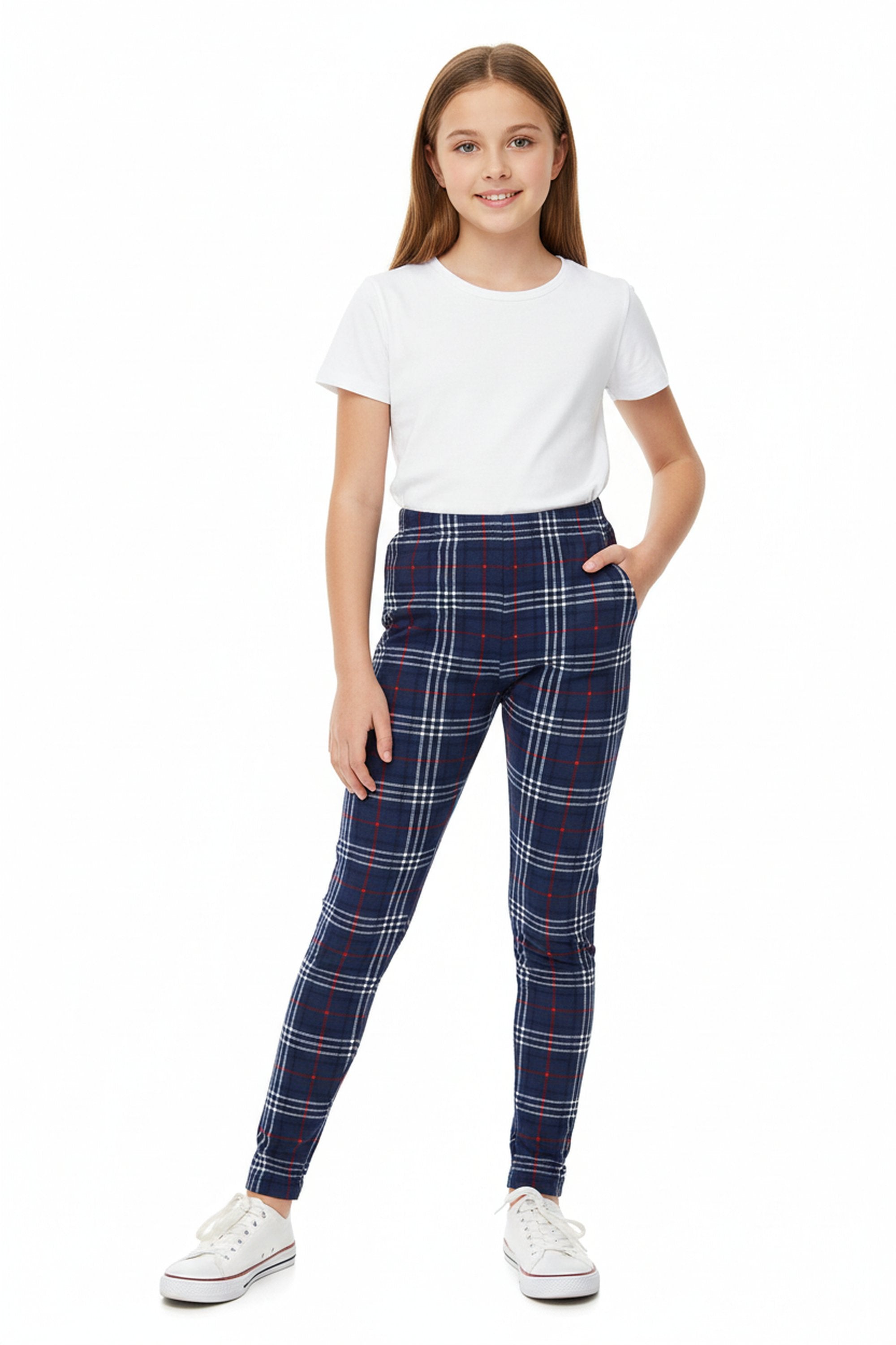 Brushed Navy Blue Plaid Kids Leggings