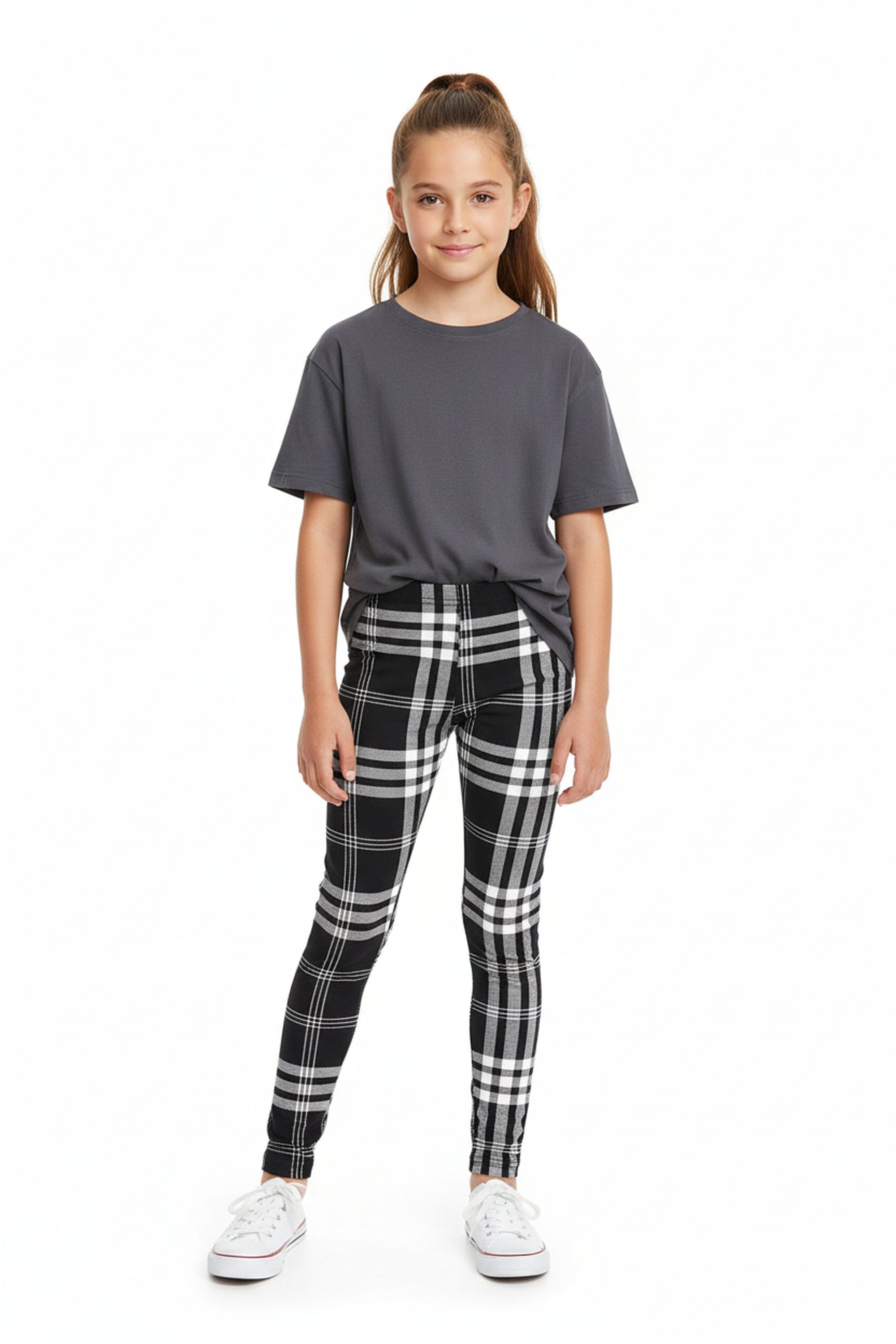 Brushed Black and White Plaid Kids Leggings