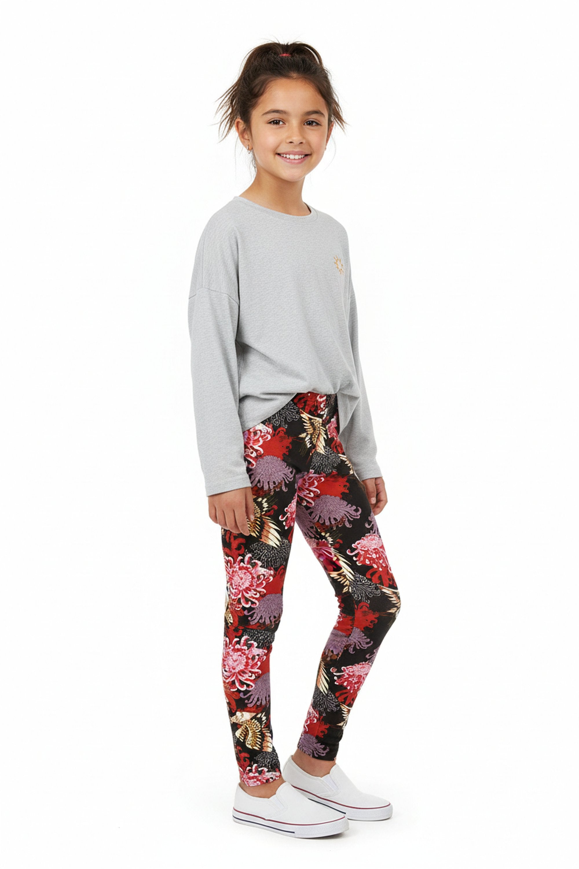Brushed Japanese Cranes and Chrysanthemums Kids Leggings
