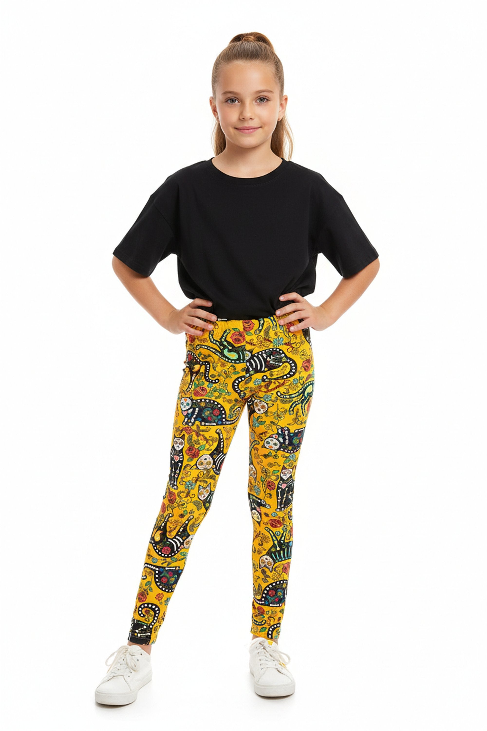 Buttery Smooth Kitty Cat Mustard Sugar Skull Kids Leggings