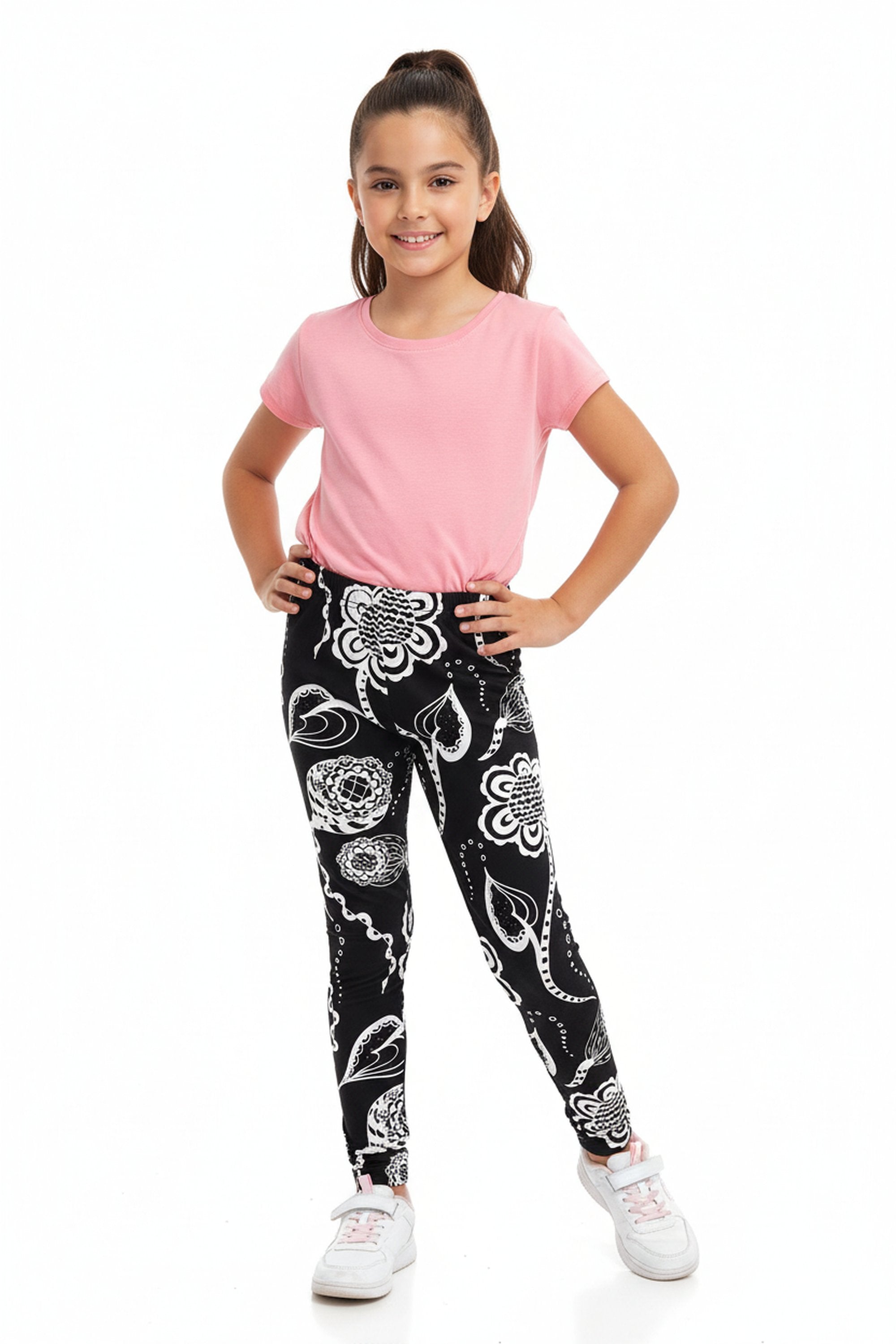 Brushed Black and White Elegant Floral Kids Leggings