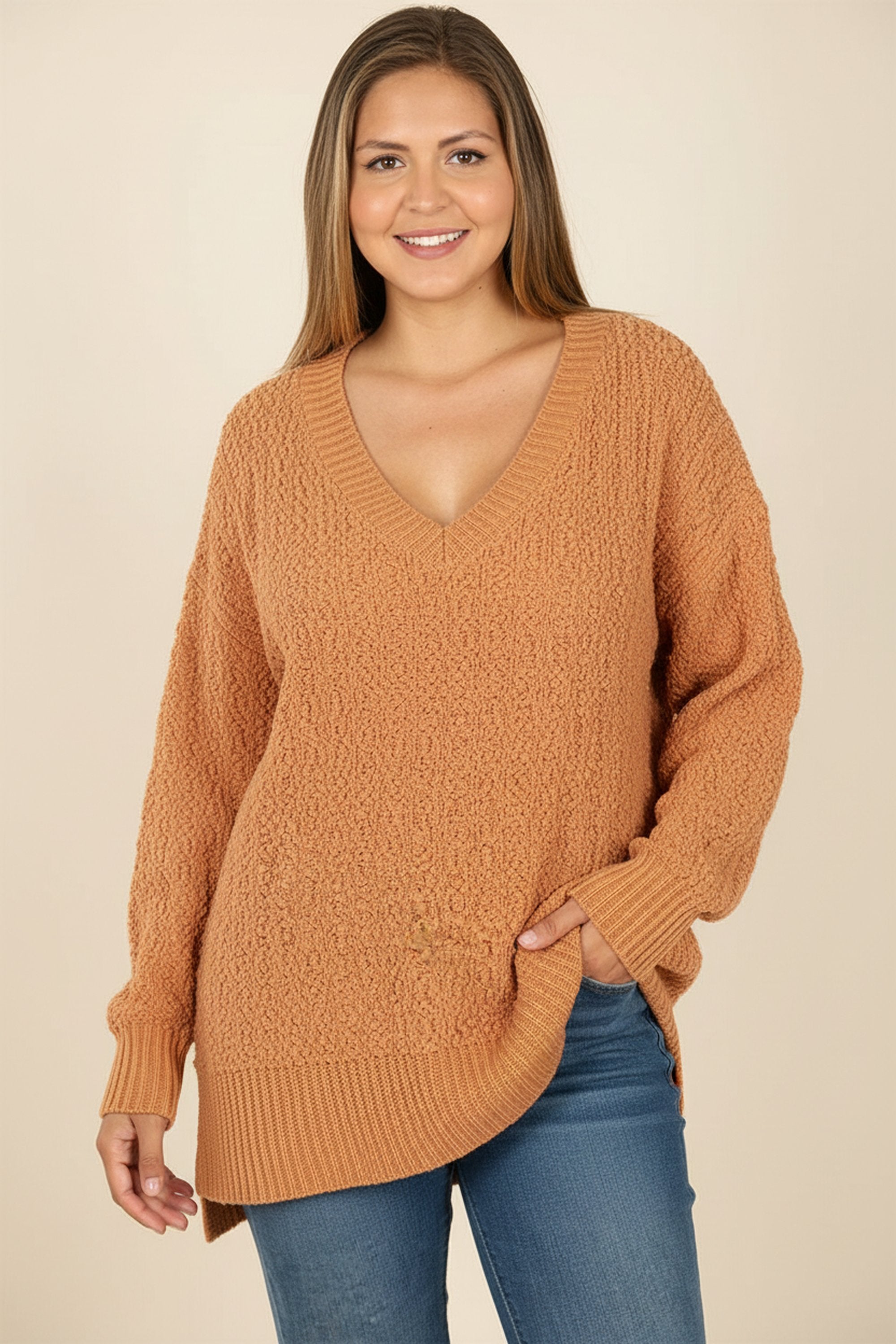 Cable Knit Popcorn V|Neck Hi|Low Plus Size Sweater