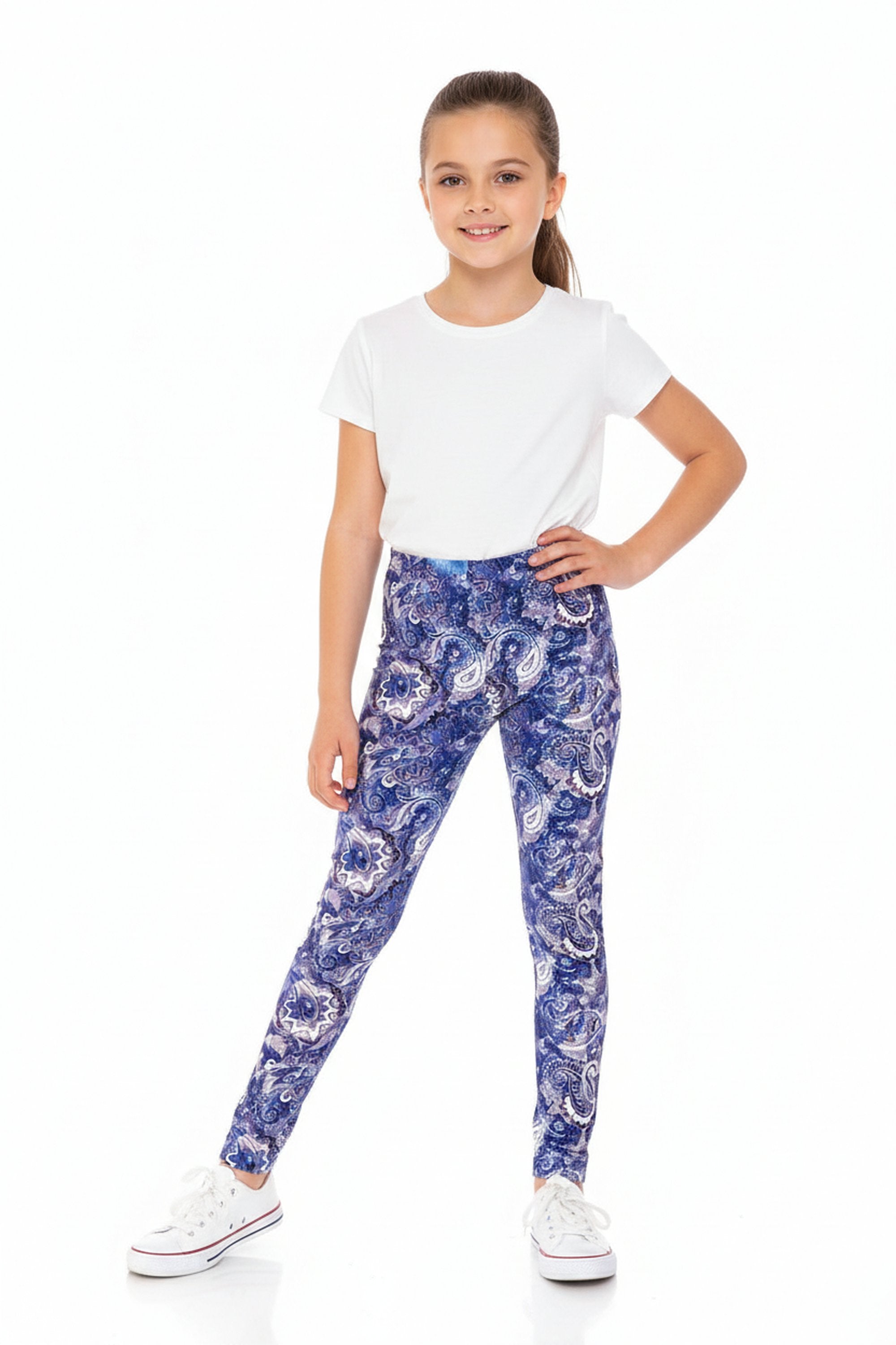 Creamy Soft Indigo Blue Paisley Kids Leggings | USA Fashion™