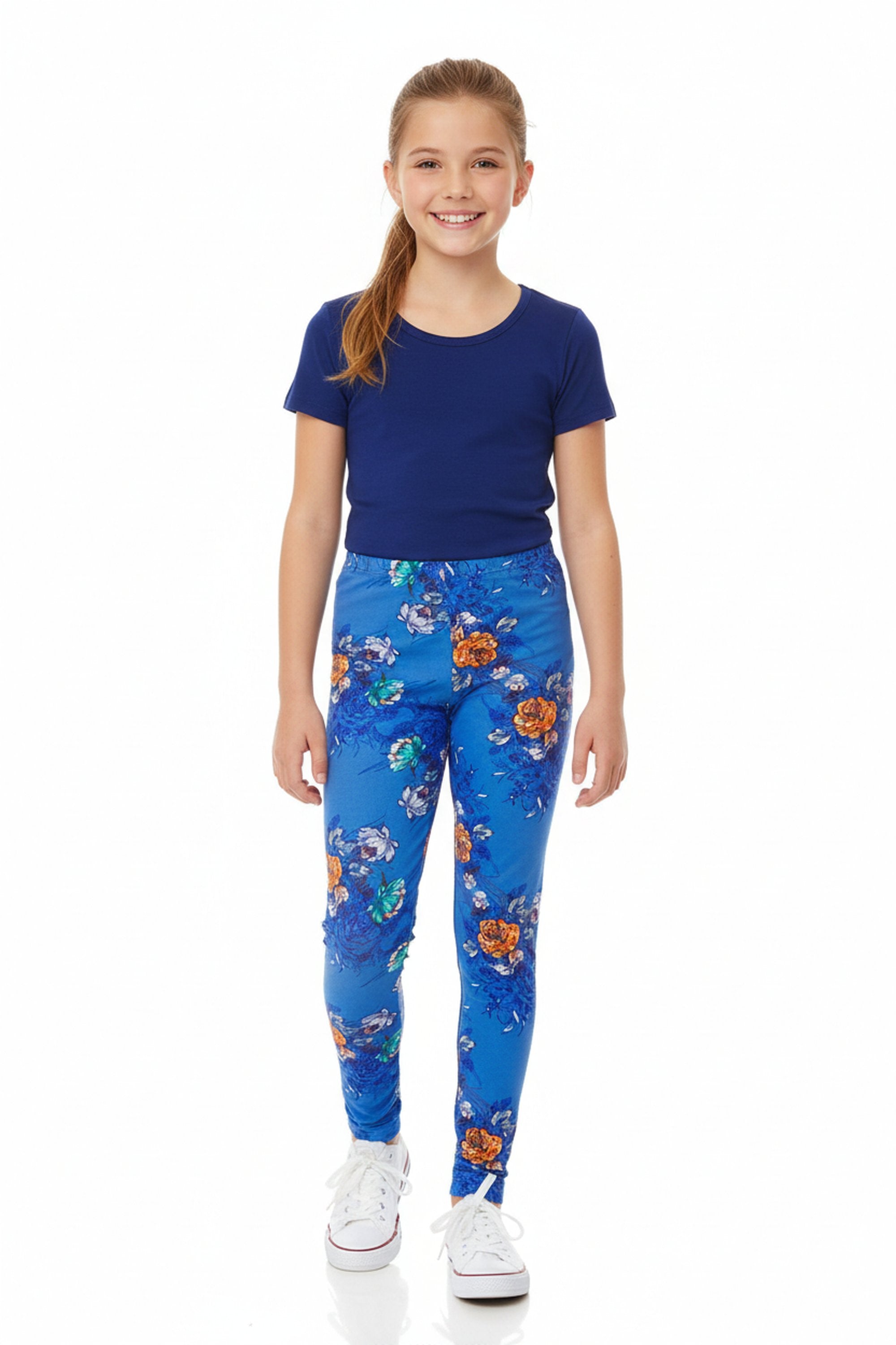 Buttery Smooth Denim Blue Floral Rose Kids Leggings