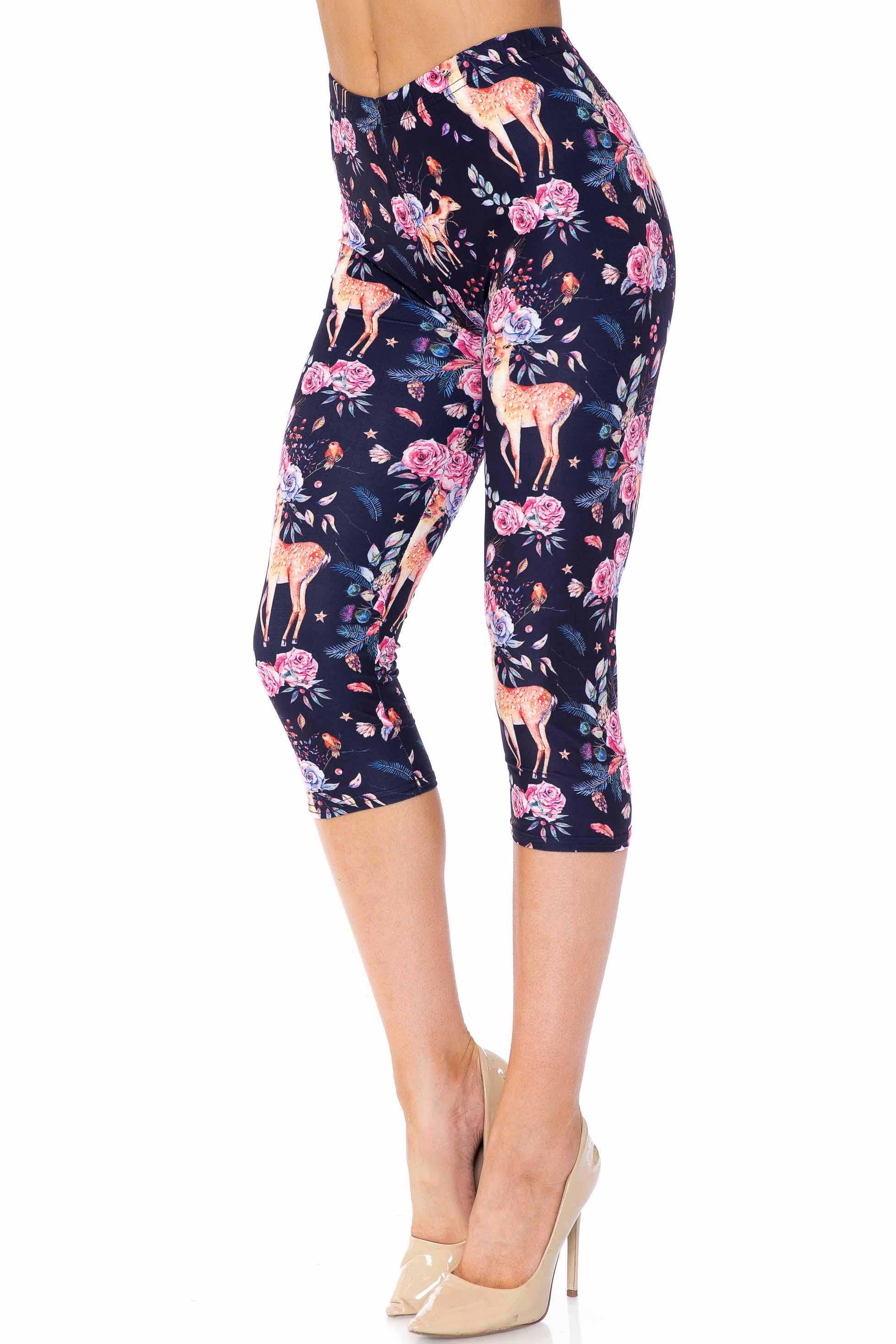 Creamy Soft Woodland Floral Fawn Extra Plus Size Capris - 3X-5X - USA Fashion (XPlus One Size,Black)