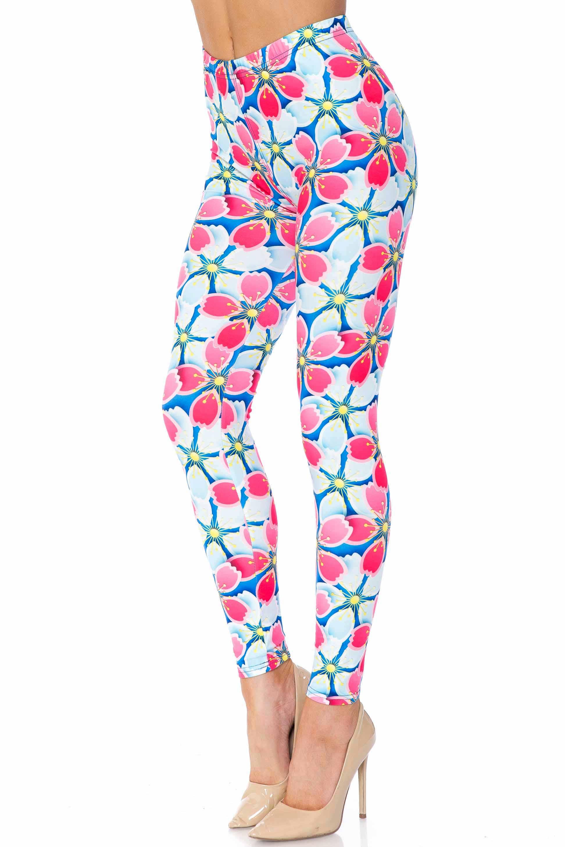 Creamy Soft Pink and Blue Sunshine Floral Extra Plus Size Leggings - 3X-5X - USA Fashion (Pink,XPlus One Size)